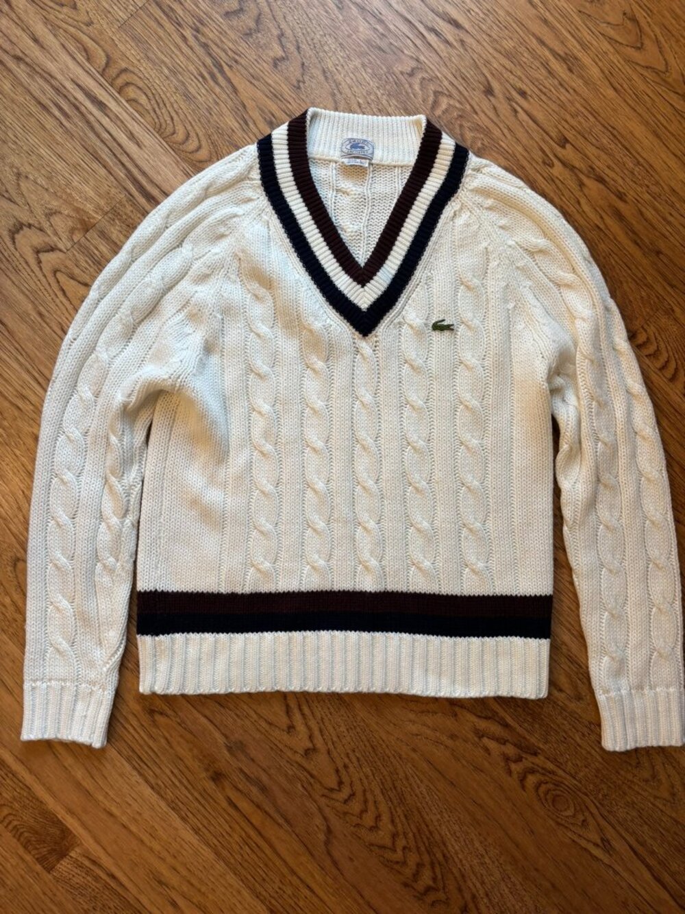 VTG 80s 90s Izod Lacoste V-Neck Cable Knit Sweater Tennis White Red Blue Men's L